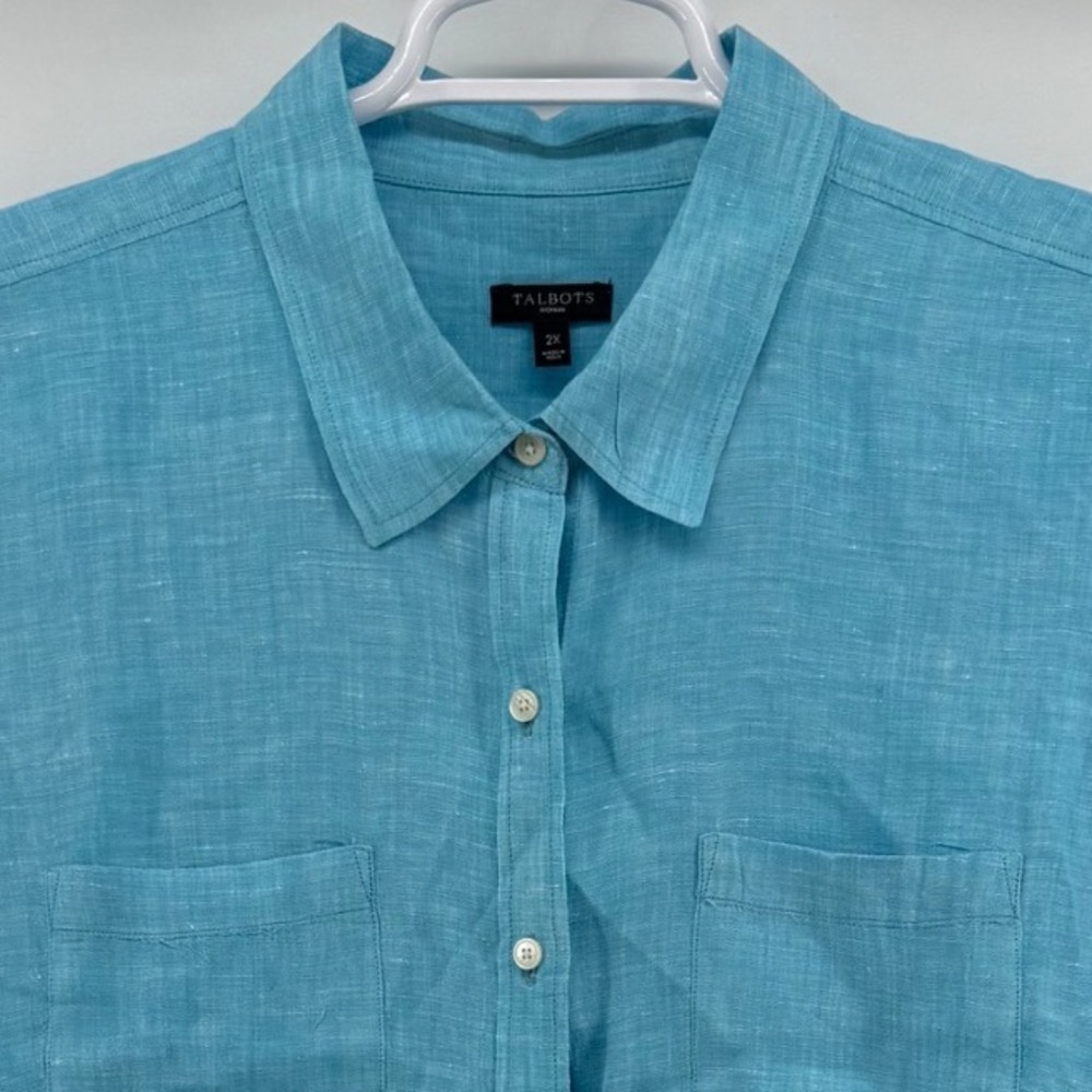 Talbots Woman Turquoise Blue 100% Linen Button Down Shirt Roll Tab 2X